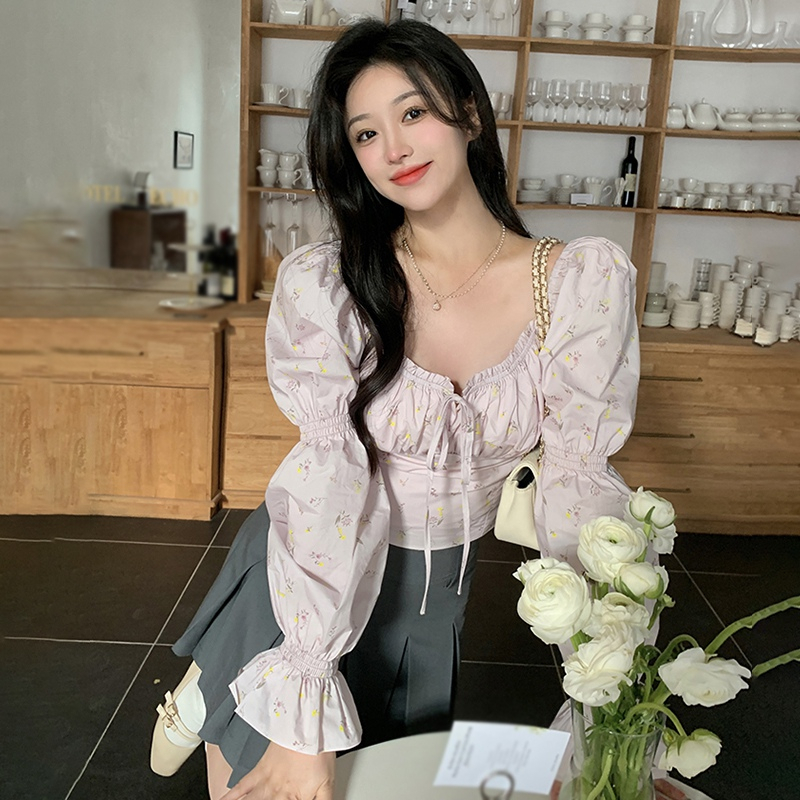 Áo Sơ Mi Tay Phồng Dài In Họa Tiết Hoa Phong Cách Hàn Quốc