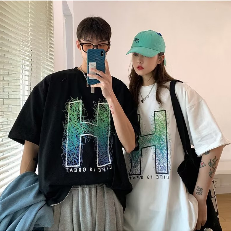✦ AFFLIGE ✦Áo Thun Đen Tay Ngắn Cổ Tròn Dáng Rộng In Chữ Thời Trang Mùa Hè Cho Cặp Đôi Size M-3XL