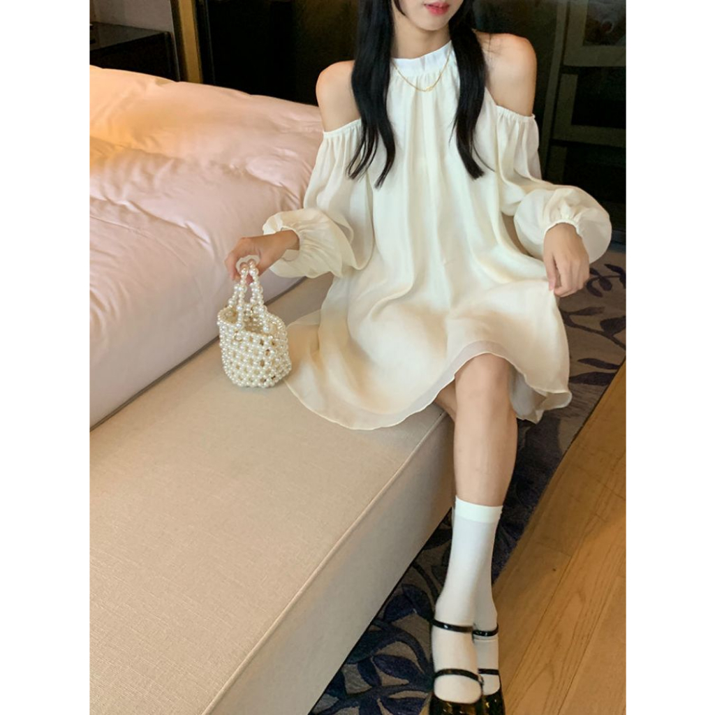 Đầm Tay Dài Hở Vai Ôm Dáng Phong Cách Pháp Thời Trang Cho Nữ