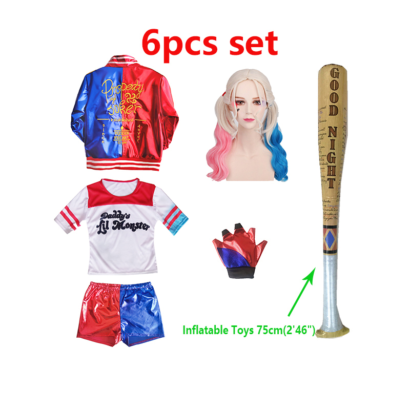 Suicide Squad Harley Quinn Kids&Adult Clothes Cosplay thêu 6 mảnh