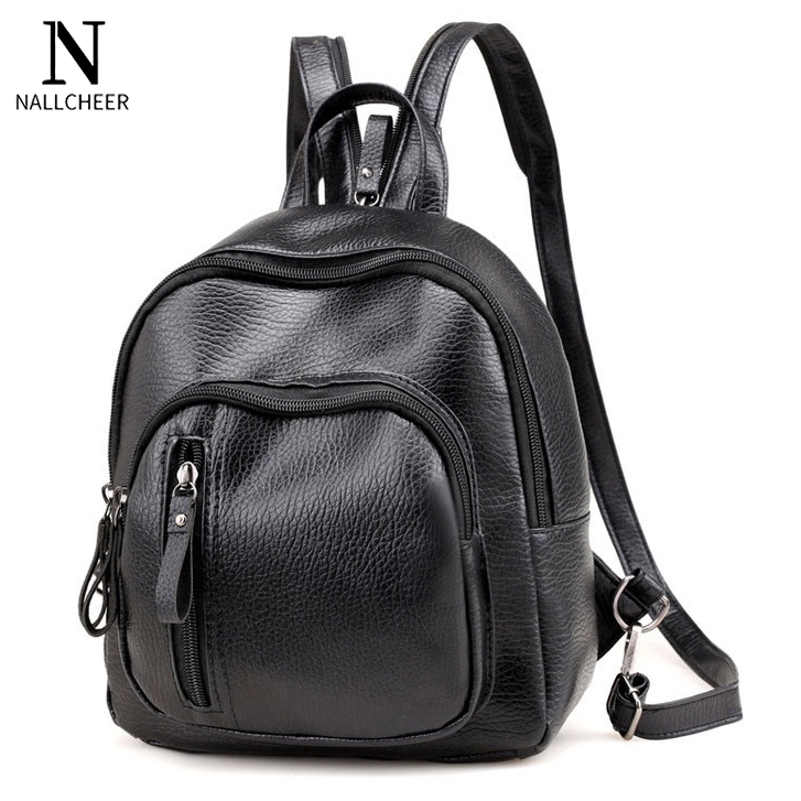 NALLCHEER Galancher Ba Lô Da pu mini Màu Đen Thiết Kế Đơn Giản Thời Trang Hàn Quốc