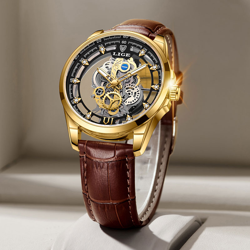 LIGE đồng hồ nam thời trang dây đồng hồ da chống nước đồng hồ Thời trang Casual Hollow Thiết kế Wrist Watch