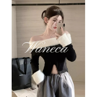 Waneca Áo sweater Tay Dài Lệch Vai Thời Trang Thu Đông Phong Cách Mới Cho Nữ