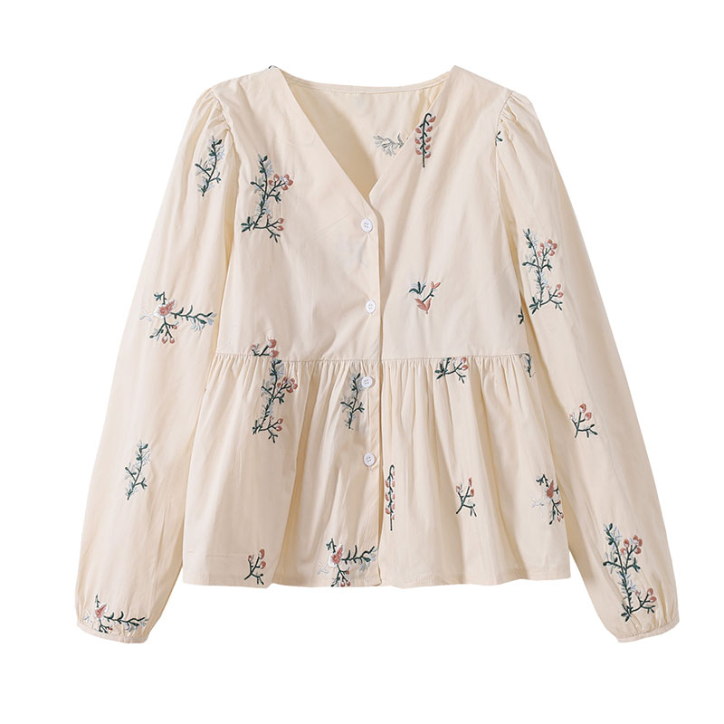 Áo Sơ Mi Nữ Tay Dài Cổ Chữ V Thêu Hoa Phong Cách Vintage Hàn Quốc