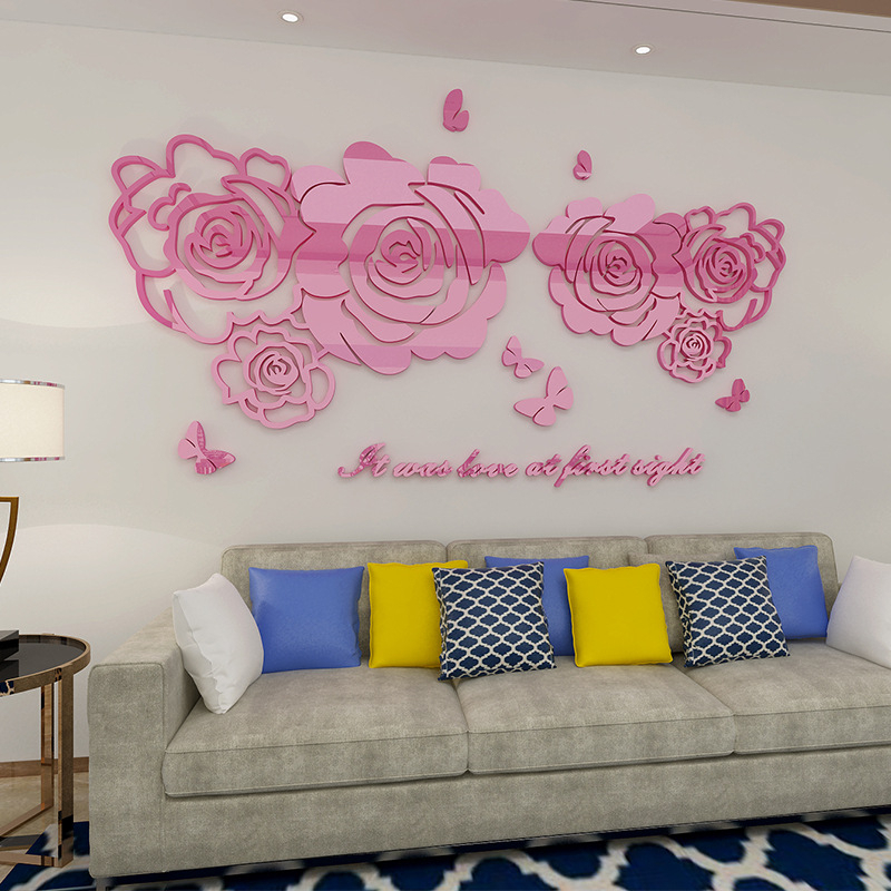 Rose flower 3d three-dimensional mirror wall stickers self-adhesive waterproof wall stickers love ro