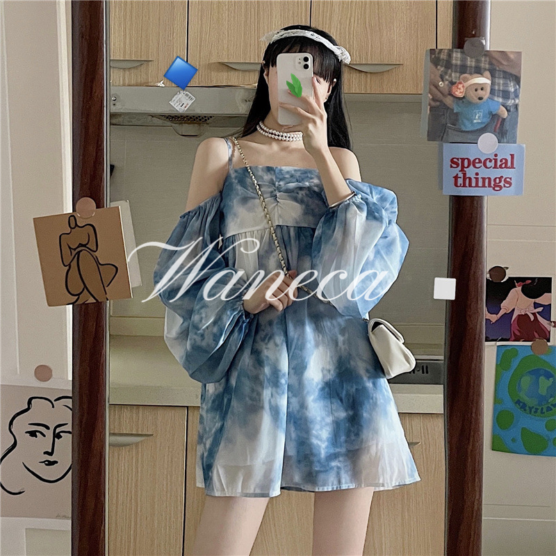 Waneca Đầm Dài Tay Phồng Họa Tiết Màu Loang Phong Cách Retro Thời Trang Cho Nữ