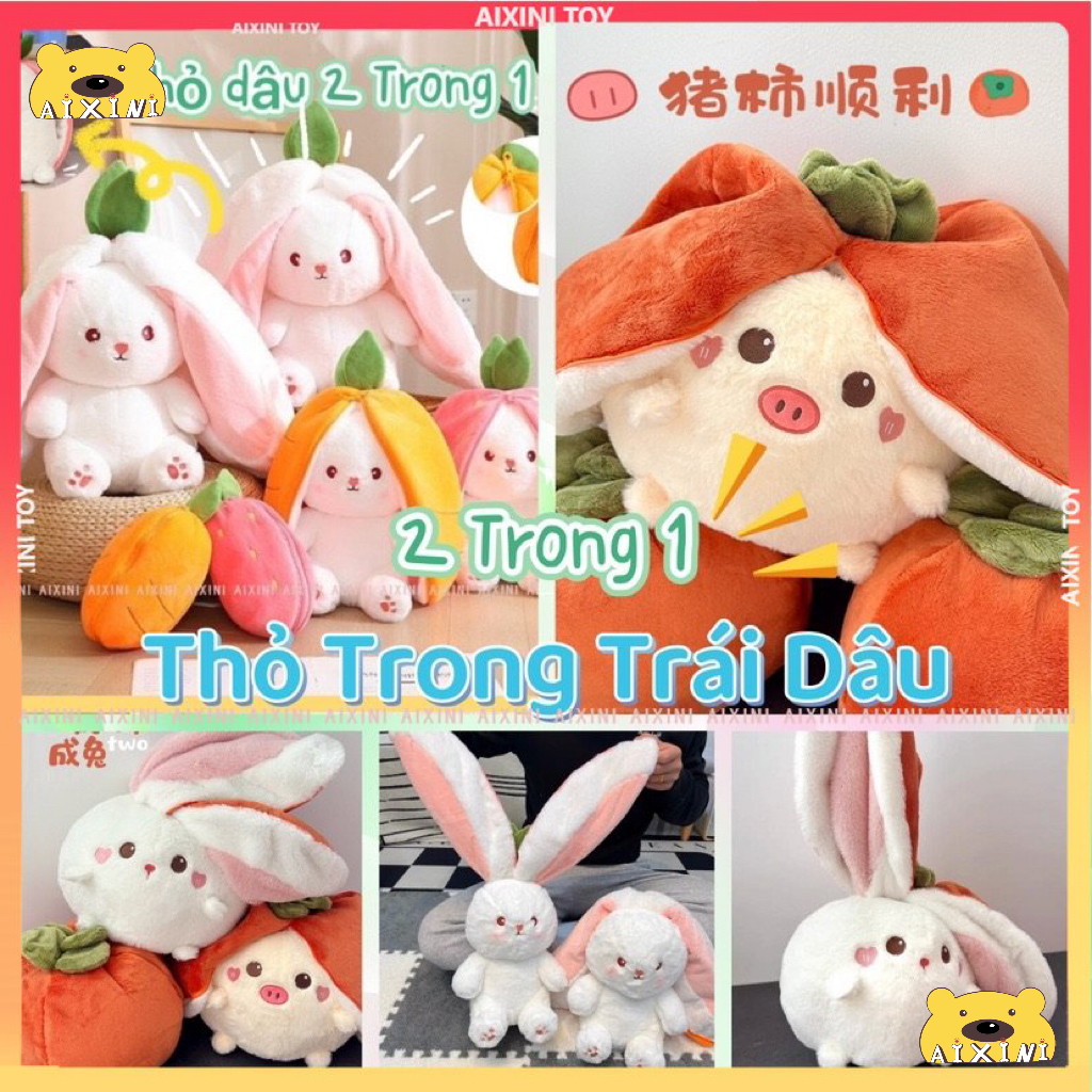 ✌2 Trong 1Thỏ dâu!✌Gấu Bông con thỏ Cosplay 2 Màu - Bunny Bông Cao Cấp Gấu Bông Thú Nhồi Bông Hình Thỏ dâu Và Cà Rốt Sáng Tạo Cho Bé