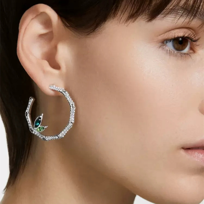 Bông Tai Bạc 925 Hình Tròn Bằng Tre Đính Pha Lê Thời Trang Cho Nữ