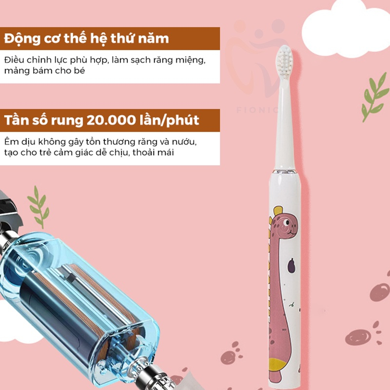 Bàn chải đánh răng điện siêu âm USB sạc, bàn chải đánh răng điện hoạt hình trẻ em, đầu bàn chải lông mềm, làm sạch sạch hơn, cho bé yên tâm sử dụng