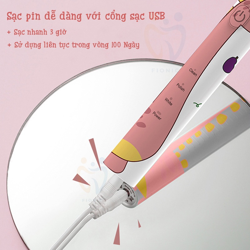Bàn chải đánh răng điện siêu âm USB sạc, bàn chải đánh răng điện hoạt hình trẻ em, đầu bàn chải lông mềm, làm sạch sạch hơn, cho bé yên tâm sử dụng