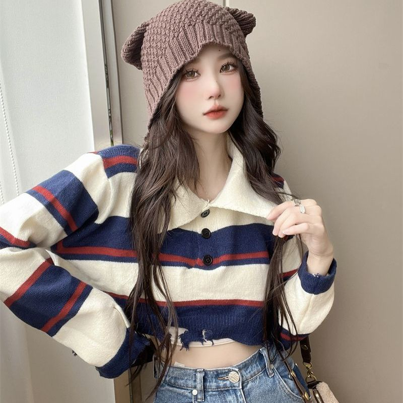 Áo Sweater Cổ Polo Họa Tiết Kẻ Sọc Màu Sắc Tương Phản Thiết Kế Rách Phong Cách Retro