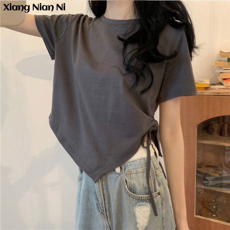 Áo thun Xiang Nian Ni tay ngắn phối dây rút phong cách Hàn Quốc thời trang mùa hè 2024 cho nữ
