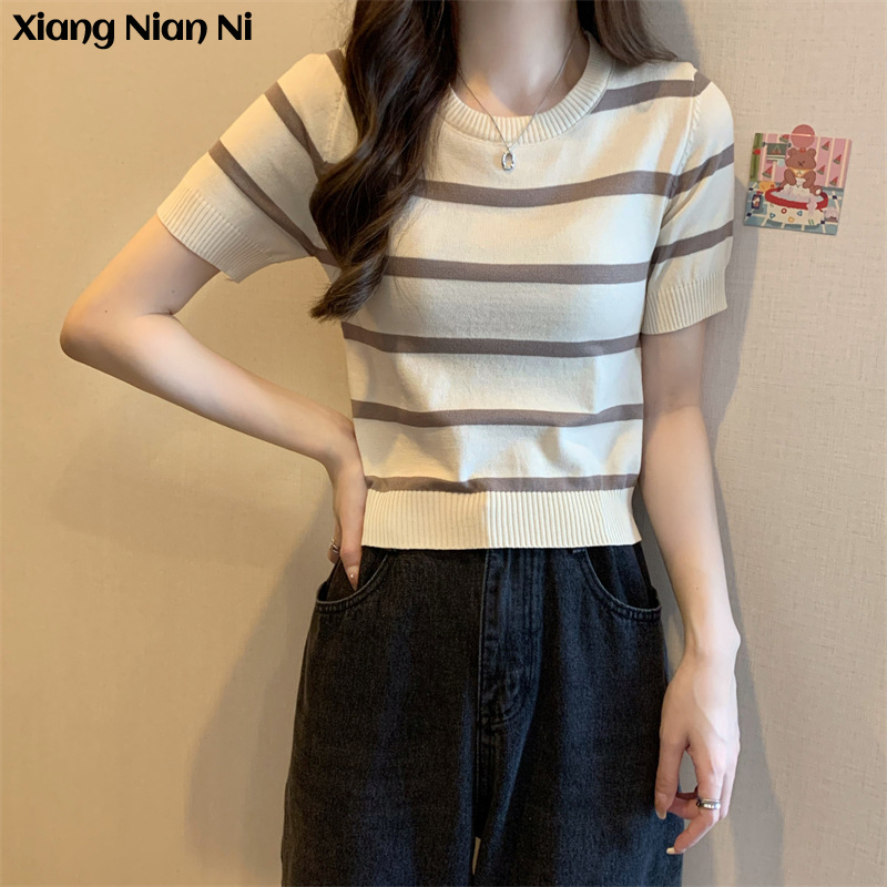 Áo thun dệt kim Xiang Nian Ni ngắn tay ôm dáng họa tiết kẻ sọc thiết kế mới thời trang cho nữ