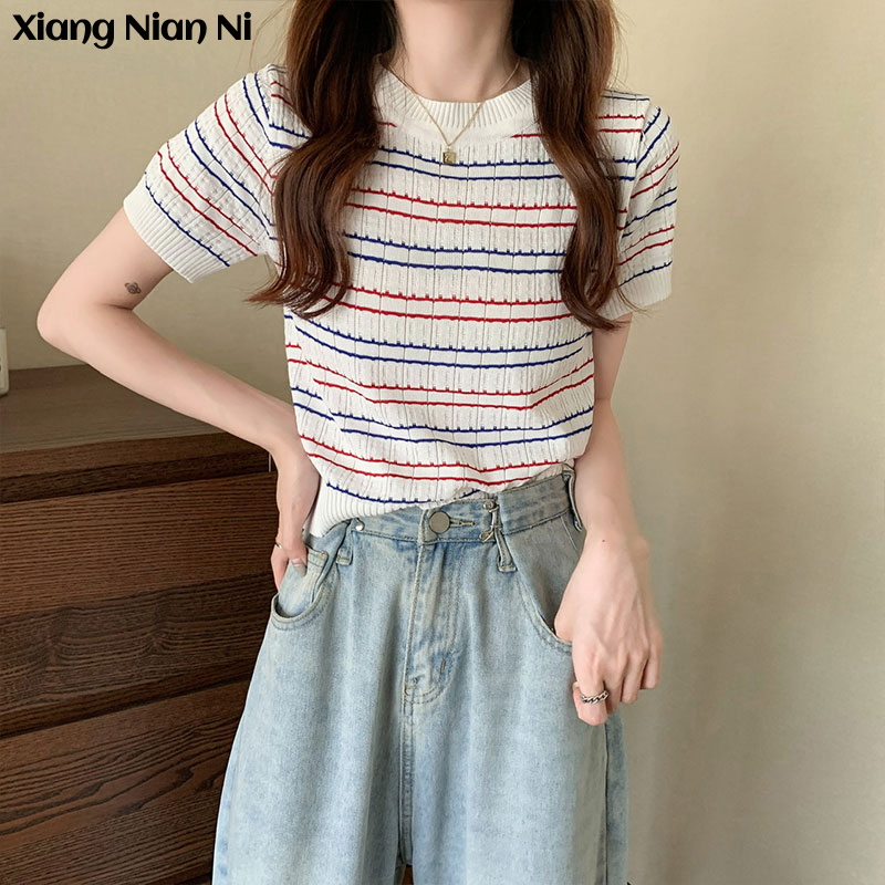 Áo thun Xiang Nian Ni dệt kim tay ngắn dáng rộng họa tiết kẻ sọc trẻ trung thời trang dành cho nữ