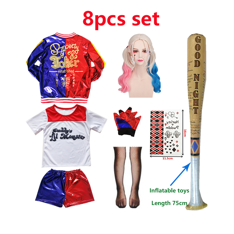 8 mảnh Harley Quinn trang phục trẻ em cô gái cosplay Suicide Squad Jacket T-shirt tóc giả Halloween trẻ em trang phục