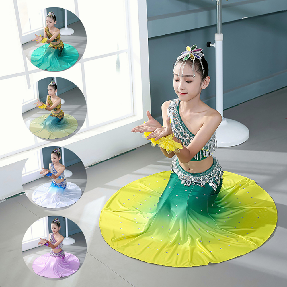 Đầm Đuôi Công Phối Ren Đính Kim Sa Tua Rua Cho Bé Gái Biểu Diễn Sân Khấu