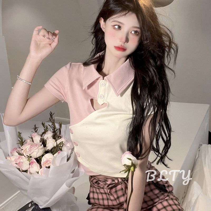 BLTY Áo Thun Nữ Ngắn Tay Cổ Bẻ In Hình Trái Tim Đáng Yêu