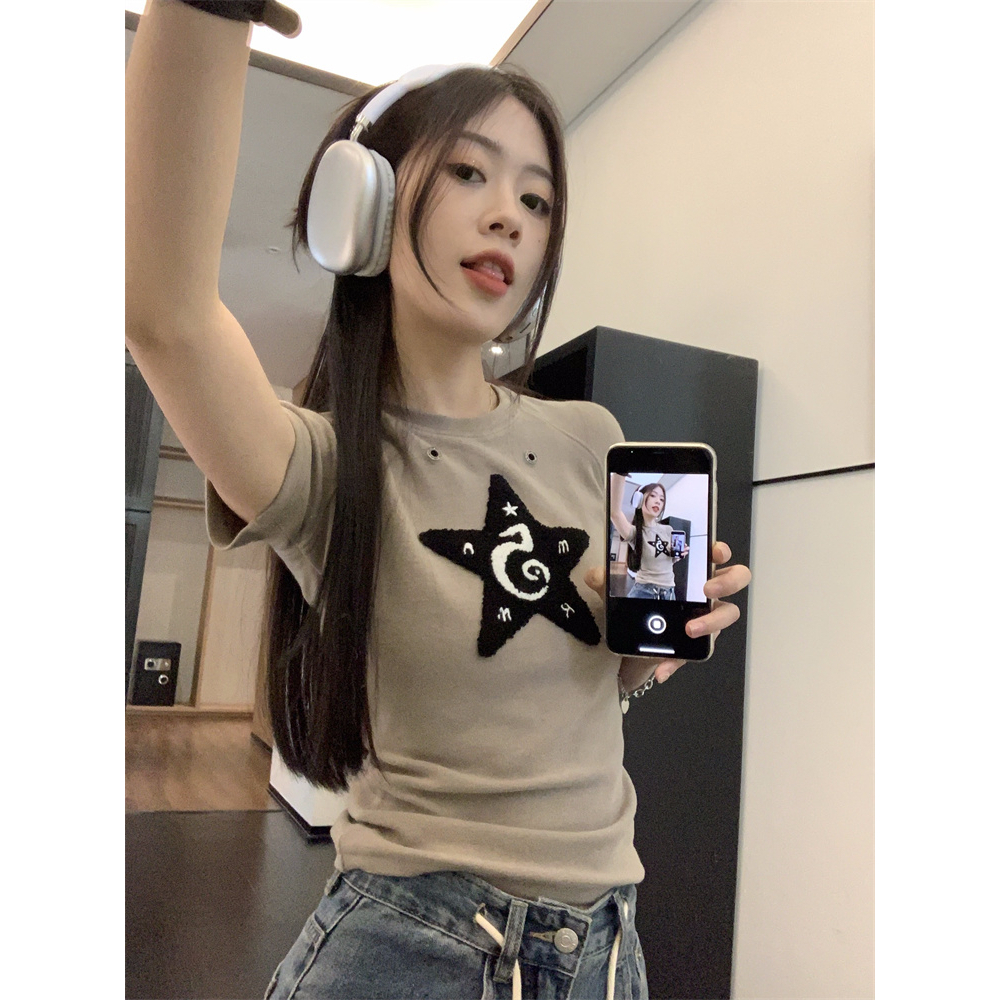Áo Thun Ngắn Tay Cổ Tròn Dáng Ôm Thêu Ngôi Sao Thời Trang Dành Cho Nữ