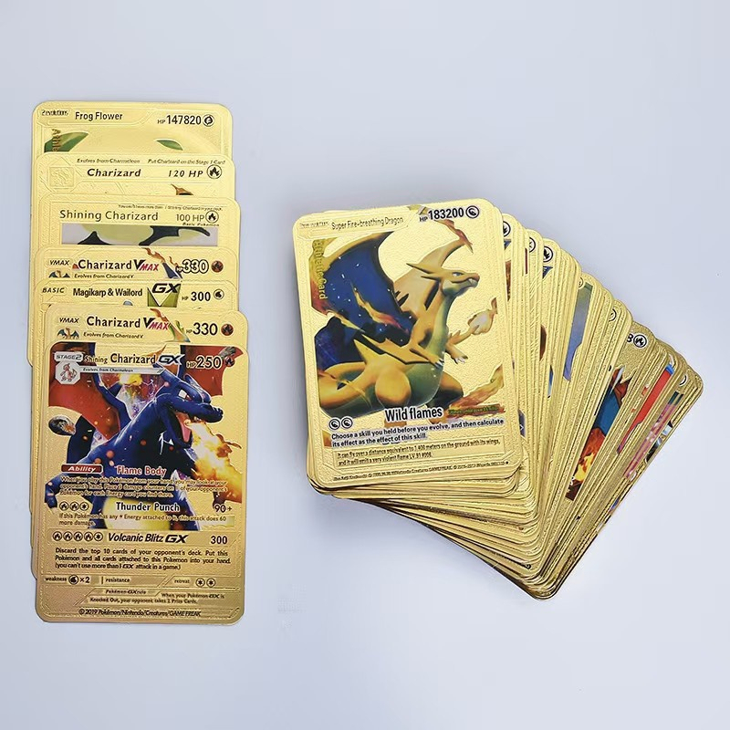Bộ 55 Thẻ Bài Pokemon Vmaxx Energy Charizard Pikachu Bằng Kim Loại Màu Vàng Kim Loại