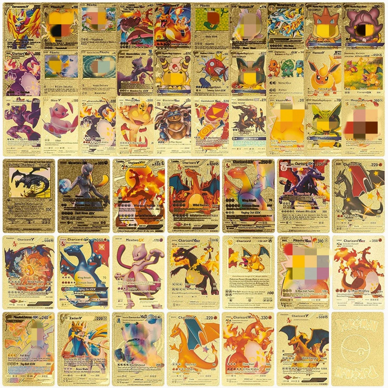 Bộ 55 Thẻ Bài Pokemon Vmaxx Energy Charizard Pikachu Bằng Kim Loại Màu Vàng Kim Loại