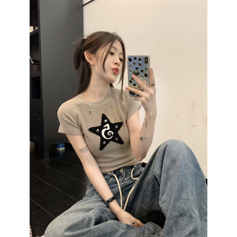Áo Thun Ngắn Tay Cổ Tròn Dáng Ôm Thêu Ngôi Sao Thời Trang Dành Cho Nữ