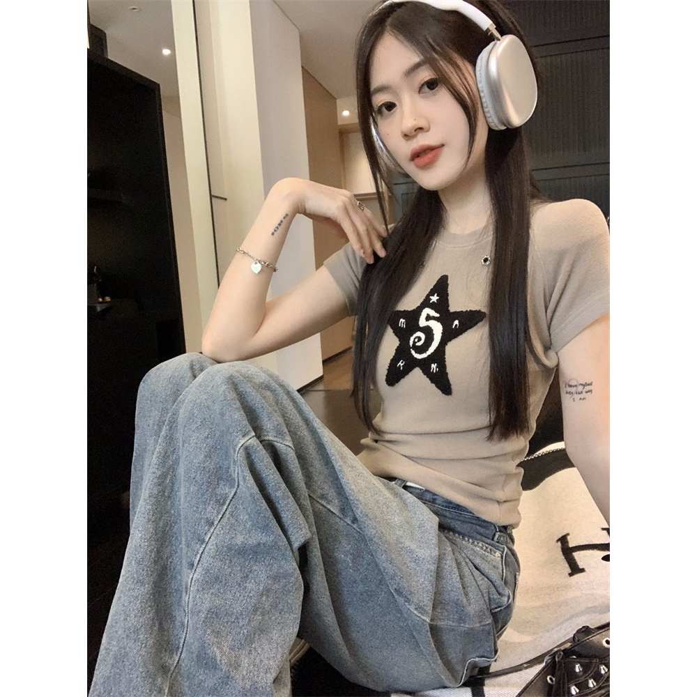 Áo Thun Ngắn Tay Cổ Tròn Dáng Ôm Thêu Ngôi Sao Thời Trang Dành Cho Nữ