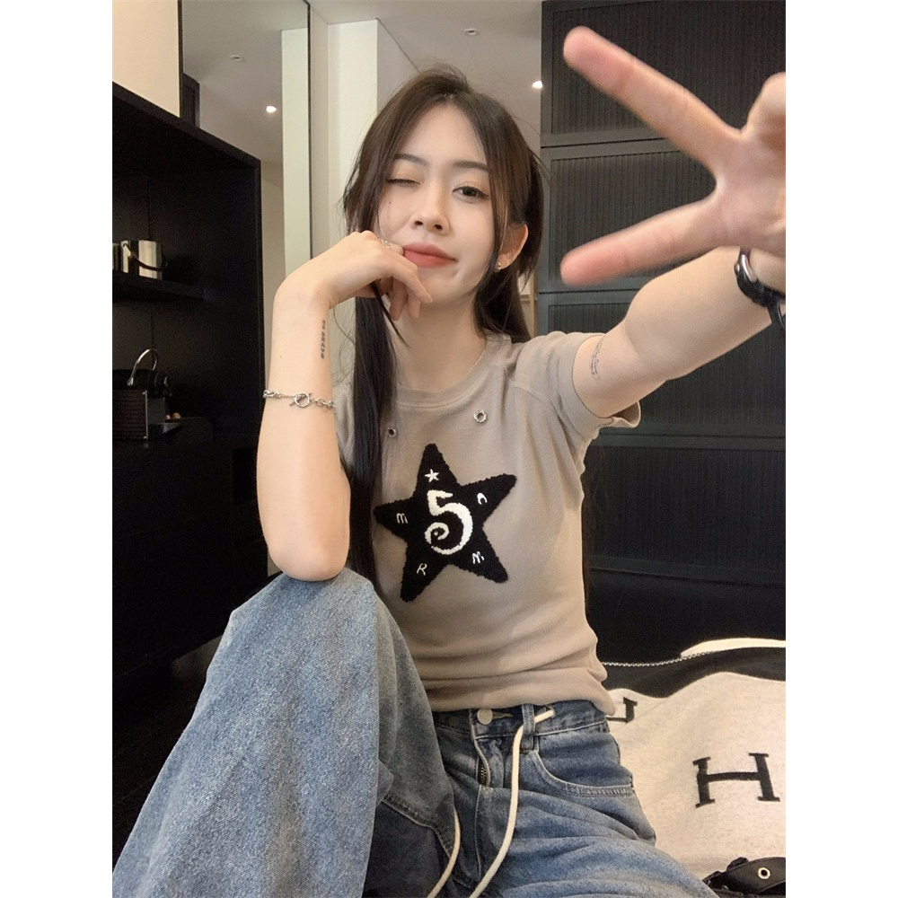 Áo Thun Ngắn Tay Cổ Tròn Dáng Ôm Thêu Ngôi Sao Thời Trang Dành Cho Nữ