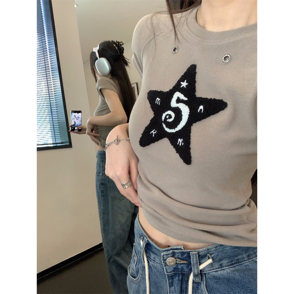 Áo Thun Ngắn Tay Cổ Tròn Dáng Ôm Thêu Ngôi Sao Thời Trang Dành Cho Nữ