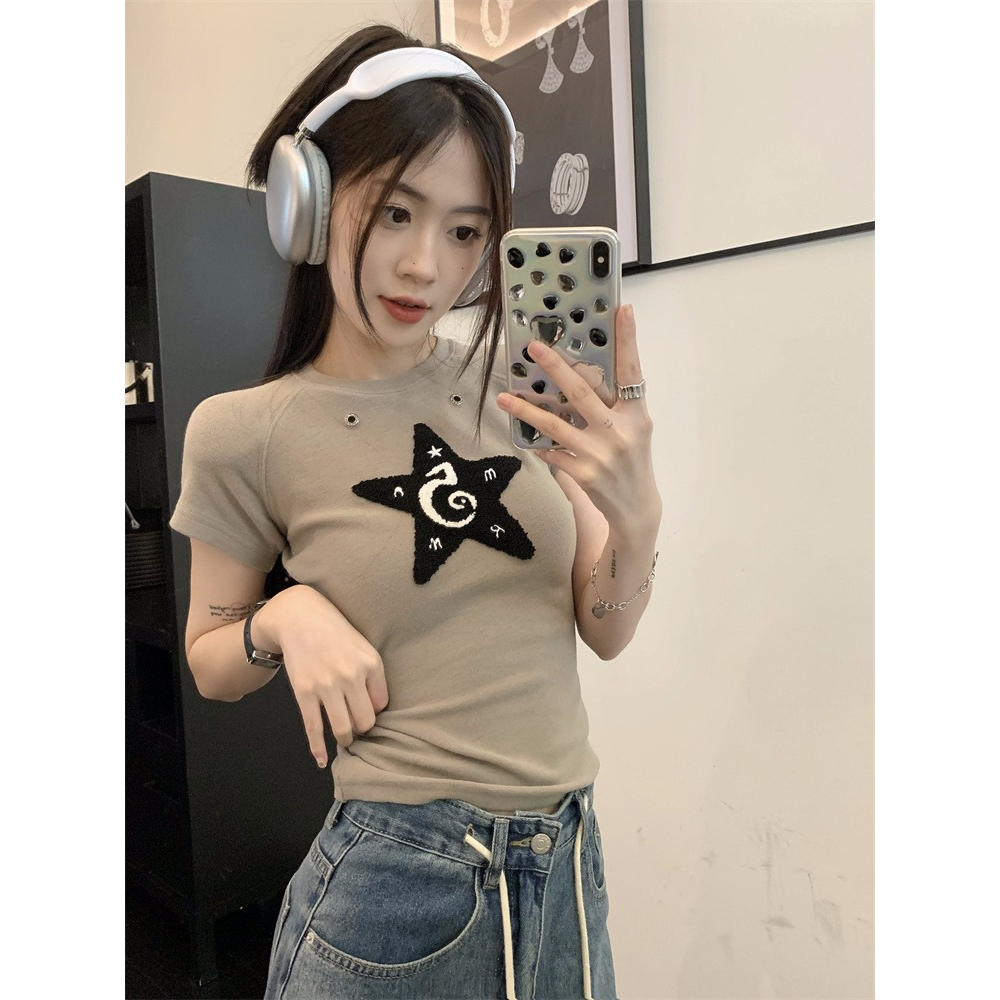 Áo Thun Ngắn Tay Cổ Tròn Dáng Ôm Thêu Ngôi Sao Thời Trang Dành Cho Nữ