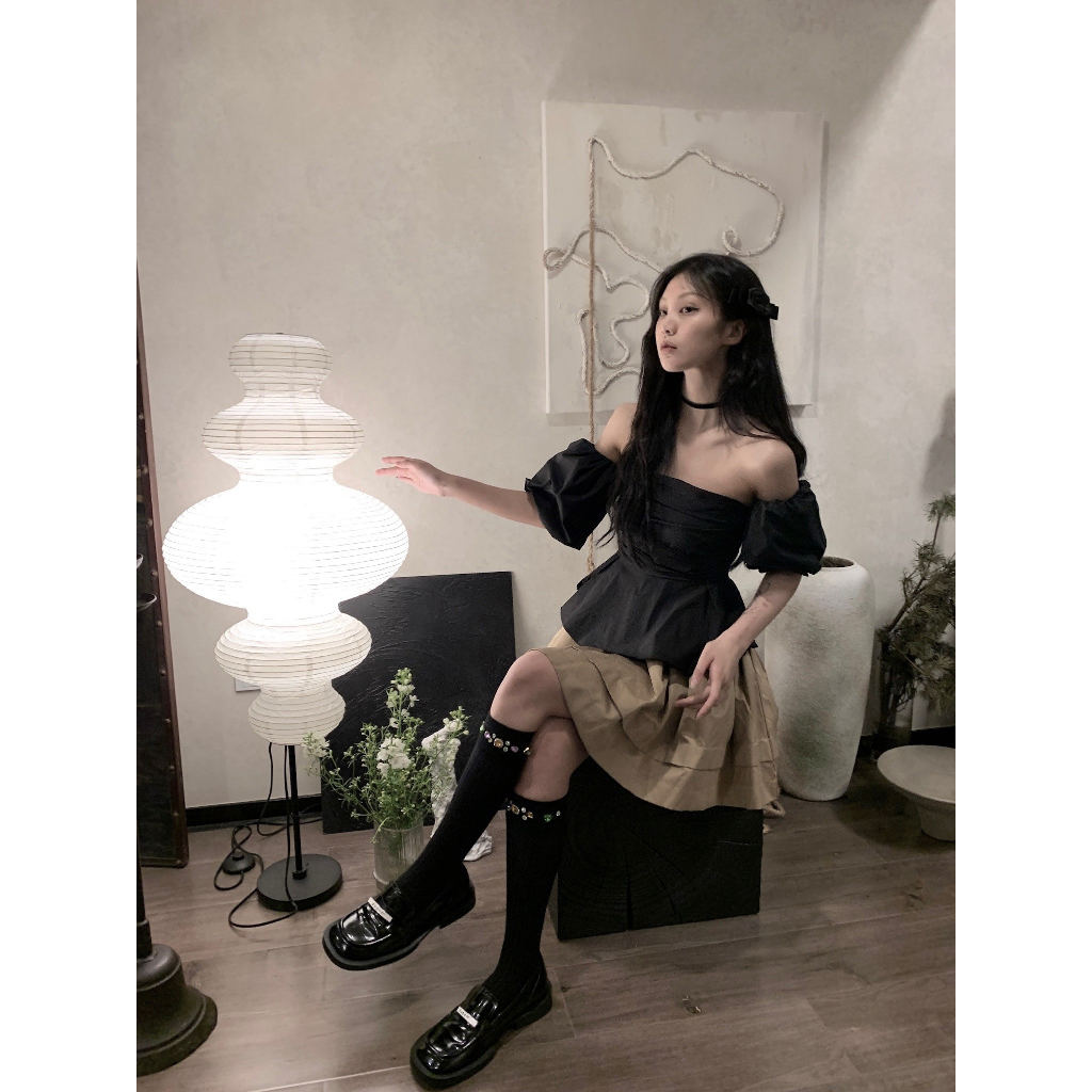 Bộ Áo Trễ Vai + Chân Váy Phồng Phong Cách Pháp Thời Trang Mùa Hè 2023 Cho Nữ