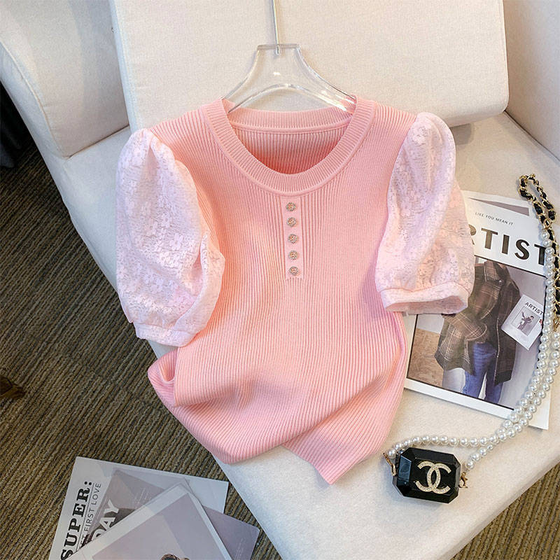 Áo Thun Tay Ngắn Phồng Phối Ren Thời Trang Hàn Quốc Cho Nữ