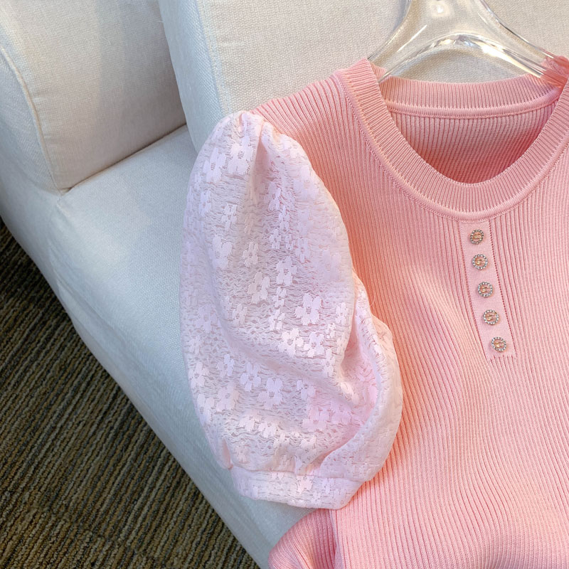 Áo Thun Tay Ngắn Phồng Phối Ren Thời Trang Hàn Quốc Cho Nữ