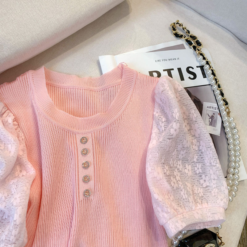 Áo Thun Tay Ngắn Phồng Phối Ren Thời Trang Hàn Quốc Cho Nữ