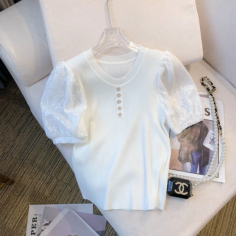 Áo Thun Tay Ngắn Phồng Phối Ren Thời Trang Hàn Quốc Cho Nữ