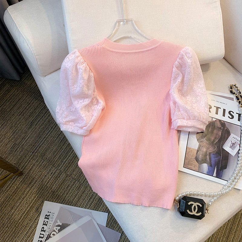 Áo Thun Tay Ngắn Phồng Phối Ren Thời Trang Hàn Quốc Cho Nữ