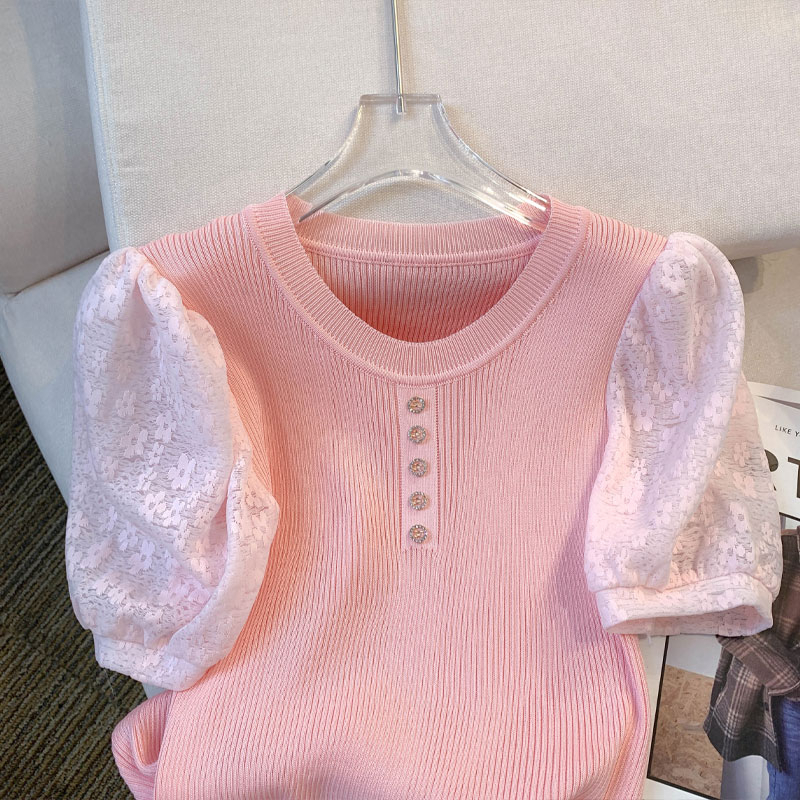 Áo Thun Tay Ngắn Phồng Phối Ren Thời Trang Hàn Quốc Cho Nữ