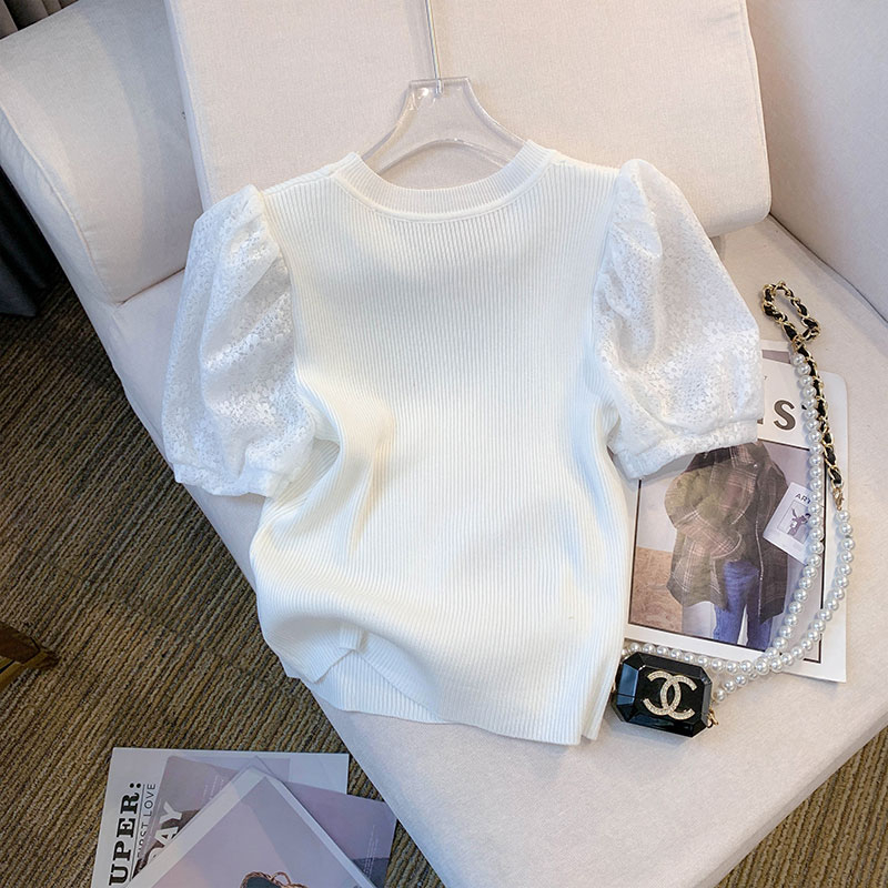Áo Thun Tay Ngắn Phồng Phối Ren Thời Trang Hàn Quốc Cho Nữ