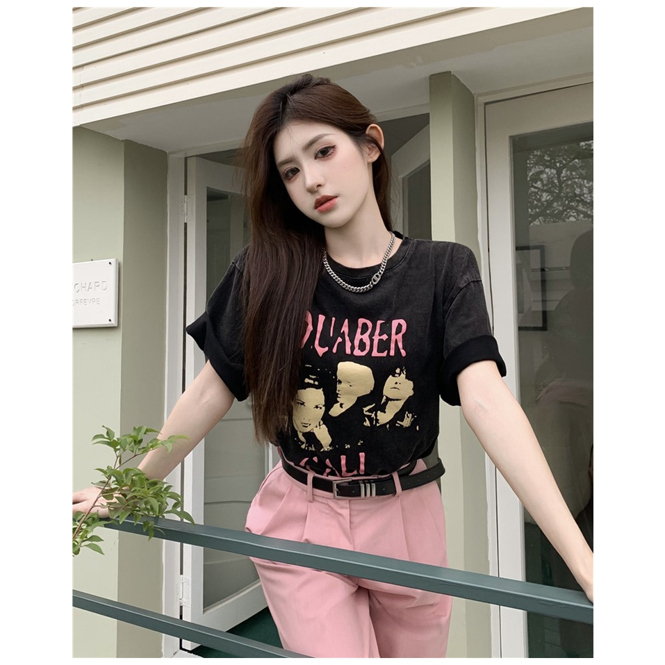 QKOOLE   Áo Thun Ngắn Tay In Họa Tiết vintage Phong Cách Mới Cho Nữ