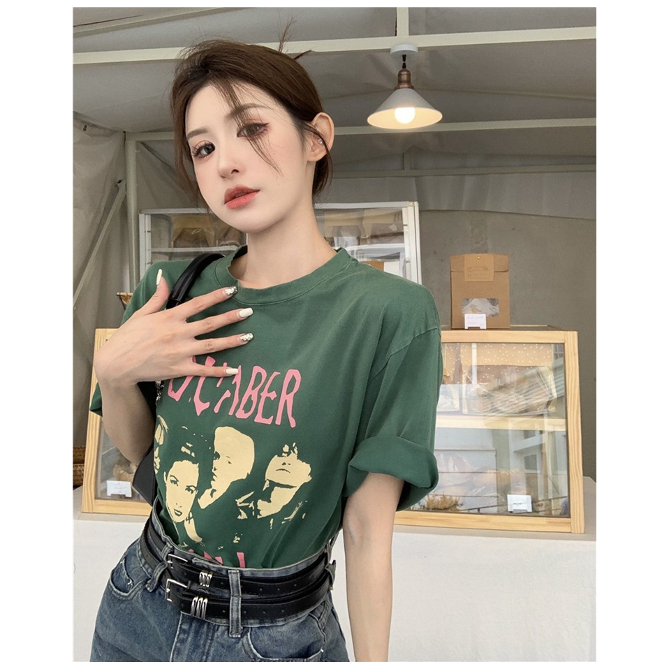 QKOOLE   Áo Thun Ngắn Tay In Họa Tiết vintage Phong Cách Mới Cho Nữ