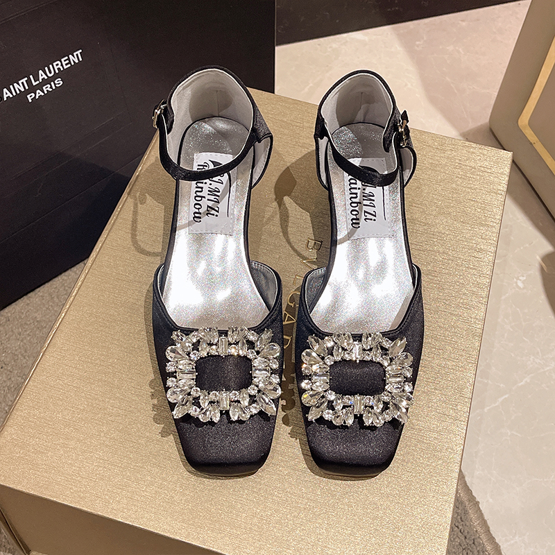 Giày Sandal Cao Gót Mũi Vuông Đính Đá Lấp Lánh Màu Sắc Thời Trang Cho Nữ