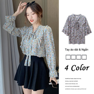Áo sơ mi voan tay dài thắt nơ in họa tiết hoa thời trang mùa thu cho nữ