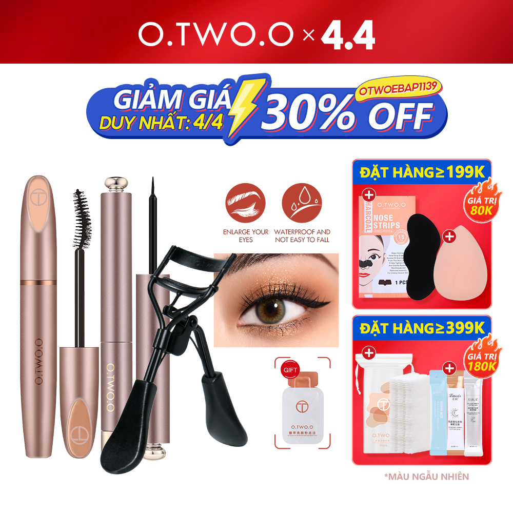 Bộ mỹ phẩm O.TWO.O gồm mascara + kẻ mắt + kem nền + dụng cụ bấm mi 90g