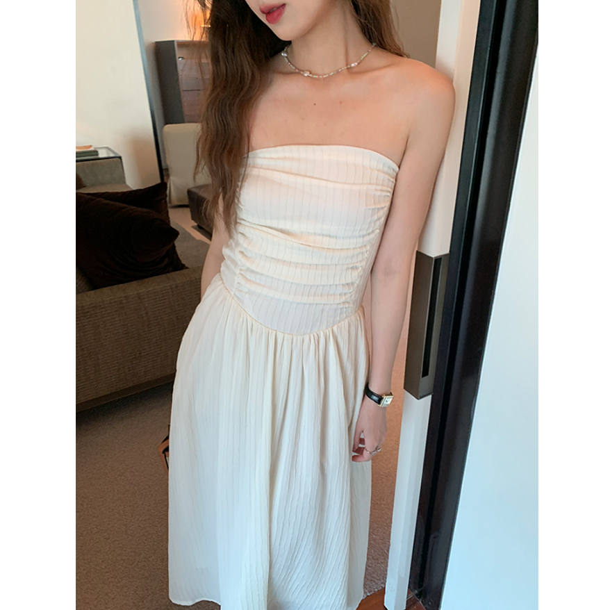 ZHELIHANGFEI Đầm Dài Sát Nách Xếp Ly Lưng Cao Quyến Rũ Hợp Thời Trang
