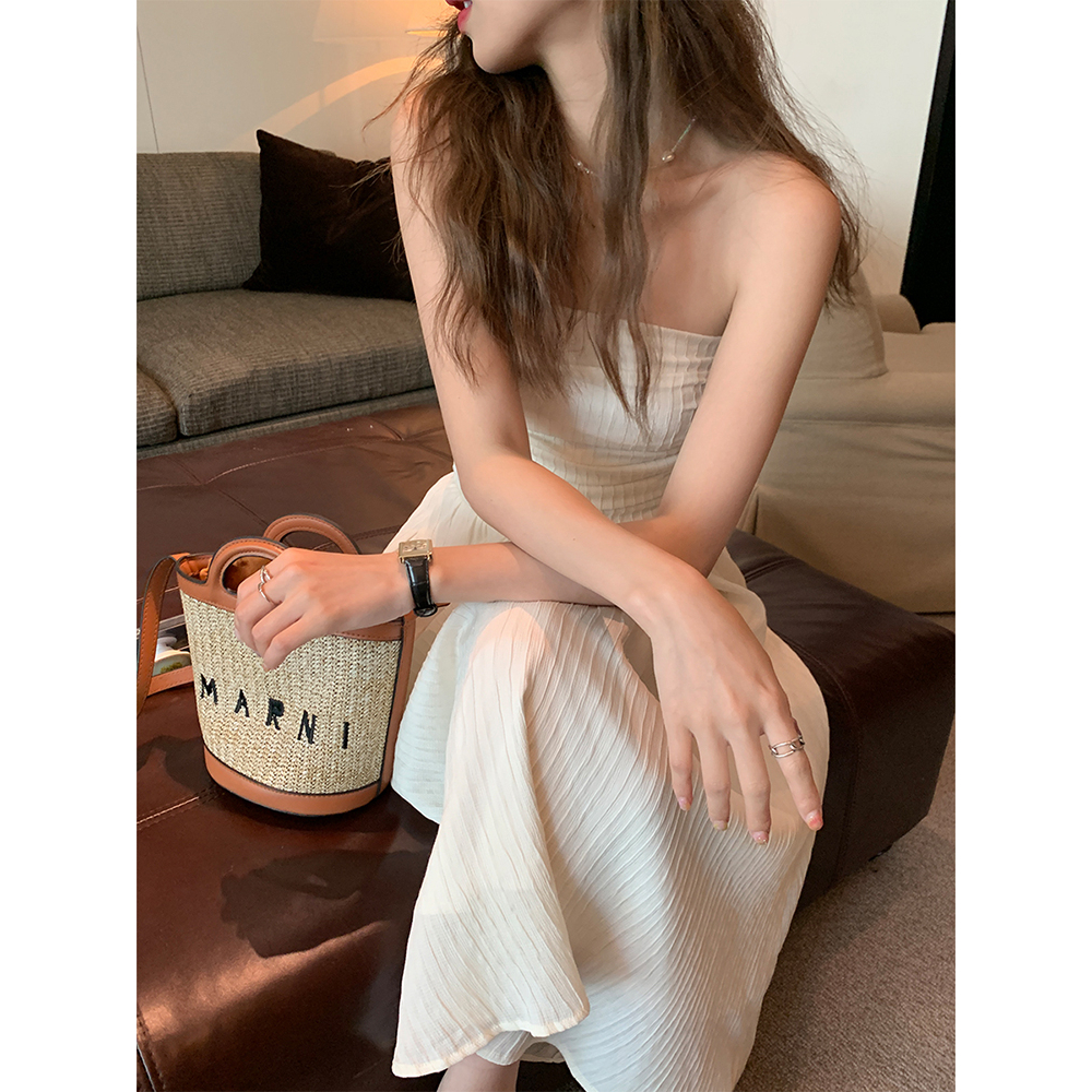 ZHELIHANGFEI Đầm Dài Sát Nách Xếp Ly Lưng Cao Quyến Rũ Hợp Thời Trang