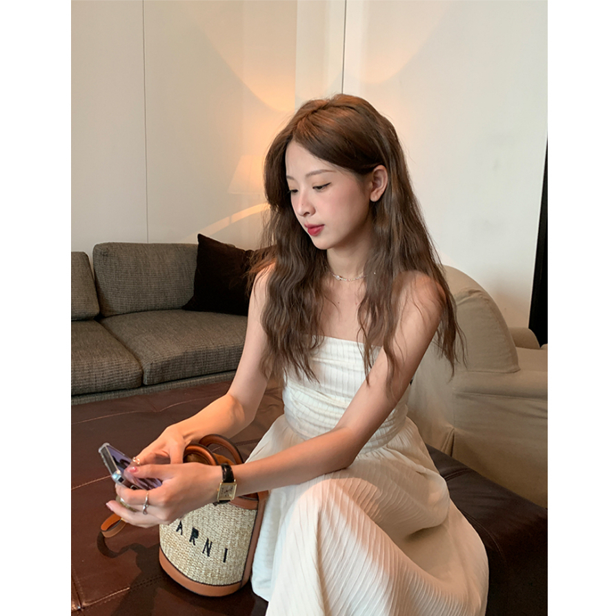 ZHELIHANGFEI Đầm Dài Sát Nách Xếp Ly Lưng Cao Quyến Rũ Hợp Thời Trang