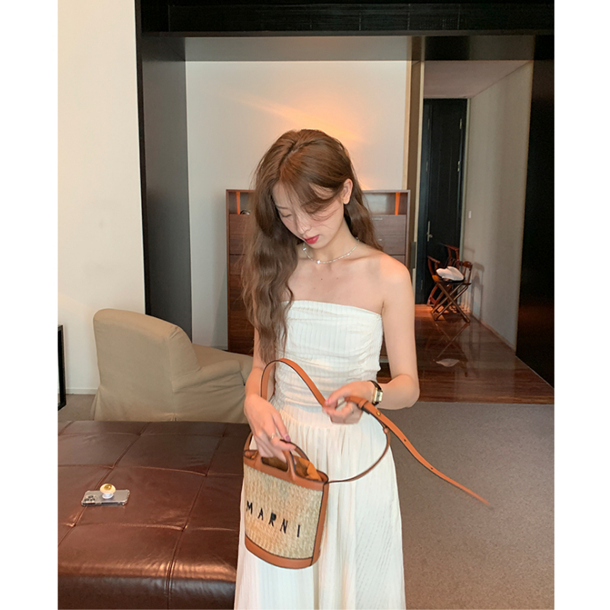 ZHELIHANGFEI Đầm Dài Sát Nách Xếp Ly Lưng Cao Quyến Rũ Hợp Thời Trang