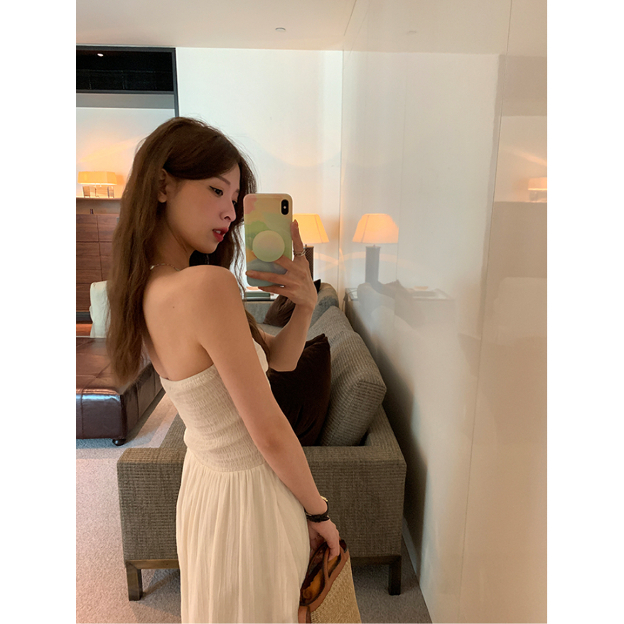 ZHELIHANGFEI Đầm Dài Sát Nách Xếp Ly Lưng Cao Quyến Rũ Hợp Thời Trang