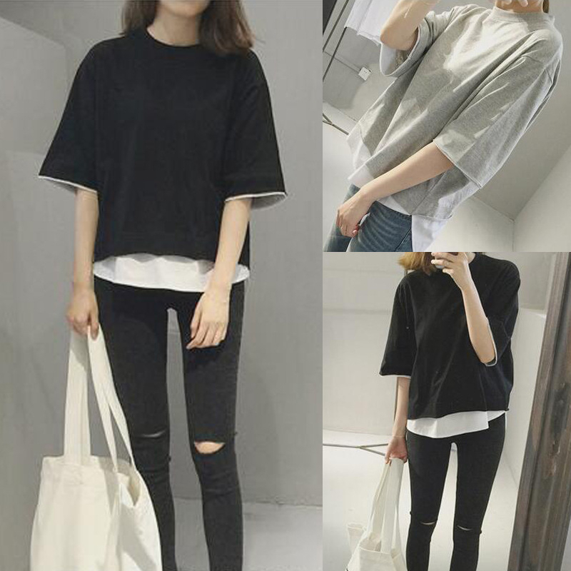 Áo Thun Tay Ngắn Giả Hai Lớp Dáng Rộng Thời Trang Mùa Hè Phong Cách Hàn Quốc Cho Nữ