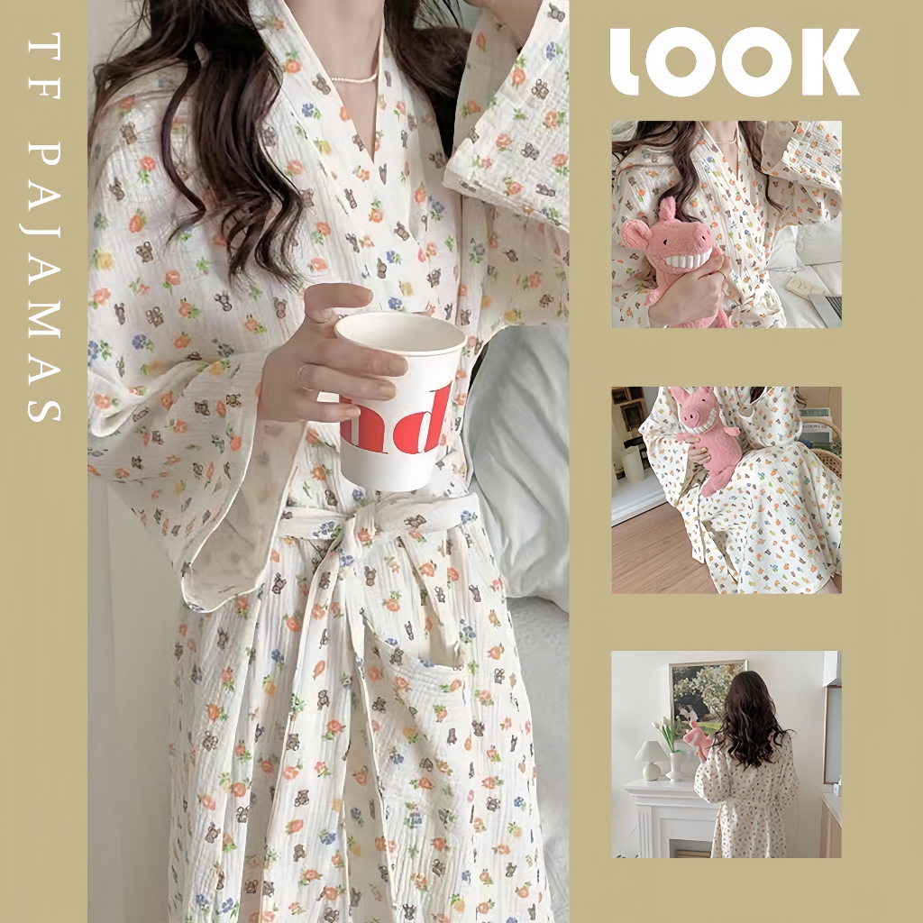 Đầm ngủ EGHY kiểu kimono tay dài in hình gấu dễ thương kích thước lớn mặc nhà mùa xuân thu