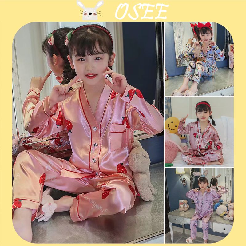 Bộ Đồ Ngủ Tay Dài Bằng Lụa satin Dành Cho Bé Trai Gái Trung Niên 3-15 Tuổi